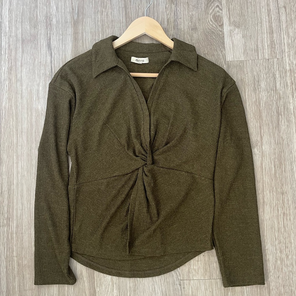Madewell Olive Green Twist-Front Long-Sleeve Top Size Small | Minimalist